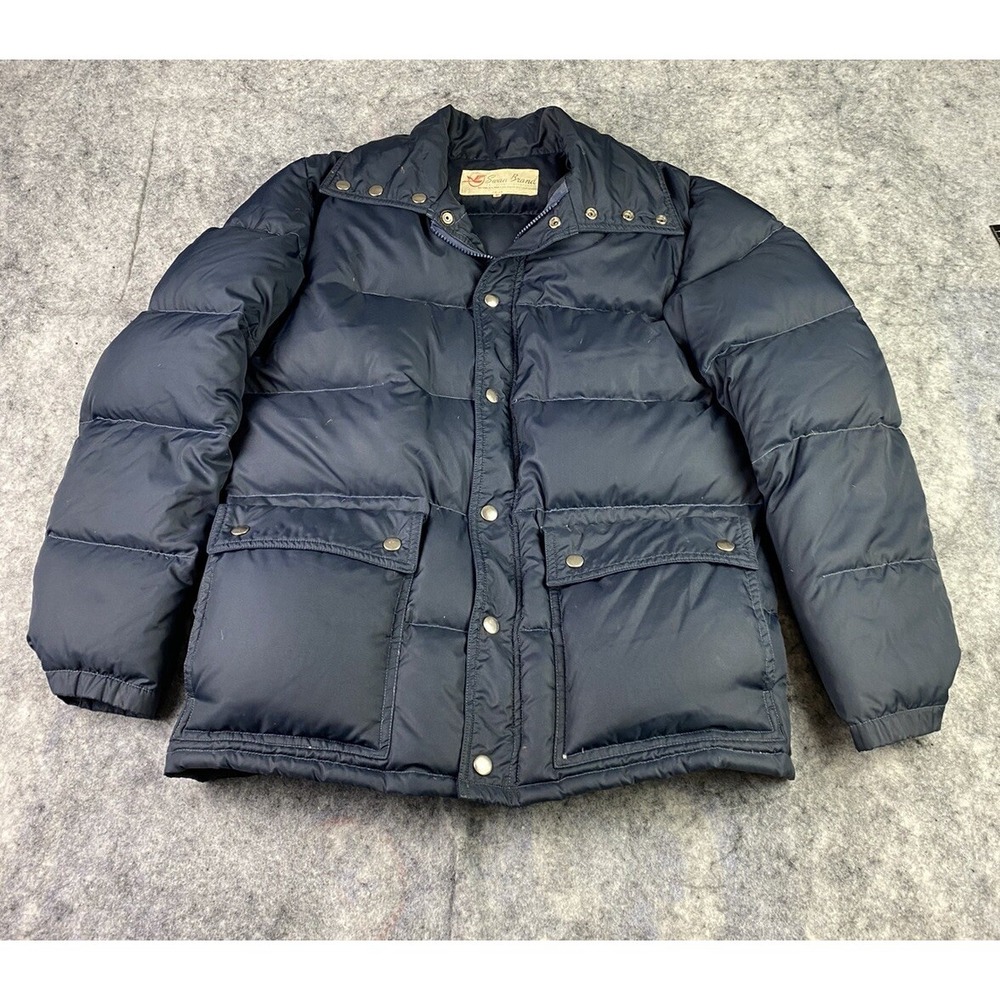 Vintage Swan Brand Men's Small Blue‎ Down Puffer Jacket Coat Nylon Snap Flap